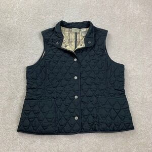 LL Bean Quilted Vest Womens L Large Petite Black Plaid Lined Snap Front 0GCX9